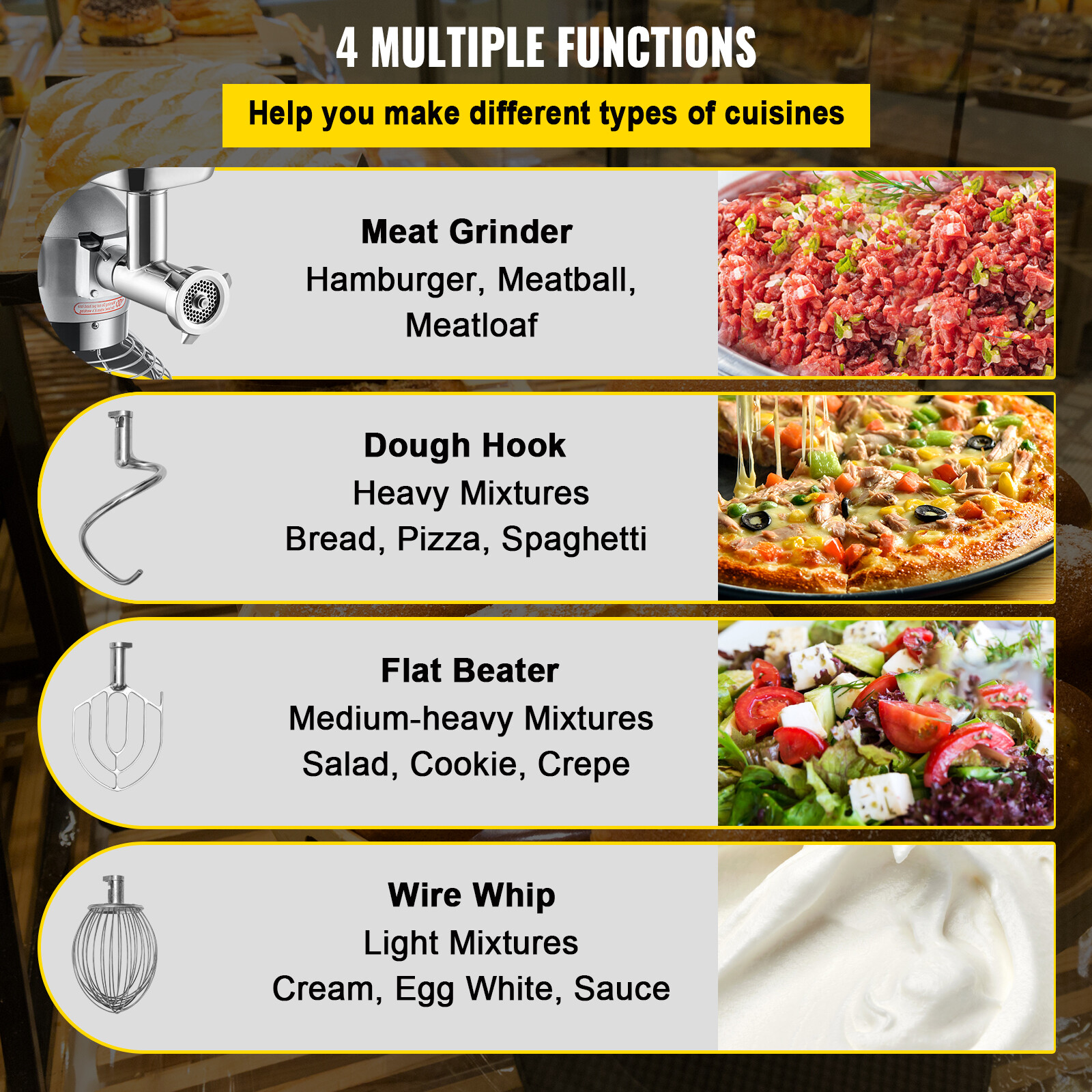 VEVOR Commercial Food Mixer with Meat Grinder 20Qt 3 Speeds Pizza Bakery 1100W