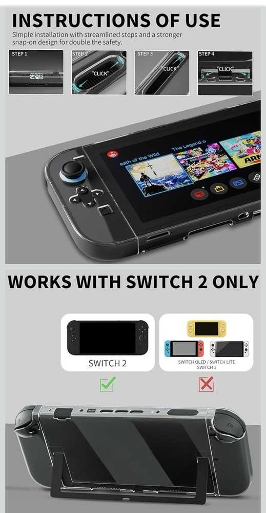 Dockable Case for Nintendo Switch 2 Clear Protective Cover Ergonomic Grip Shell
