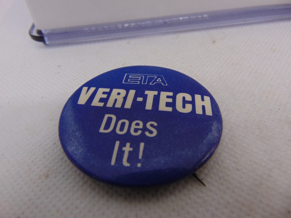Vintage Pinback Pin Button ETA Veri Tech Does It Software Computer 1 3/4"