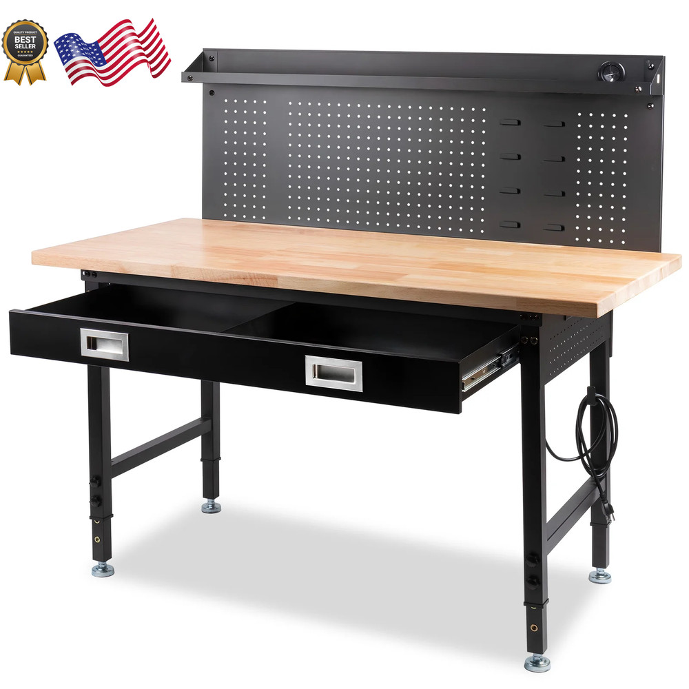 Multifunctional Workbench 60X22" with Pegboard Worktable W/ Power Outlets, LED