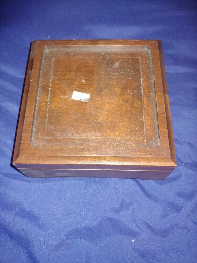 small dark oak hinge top needlework display box