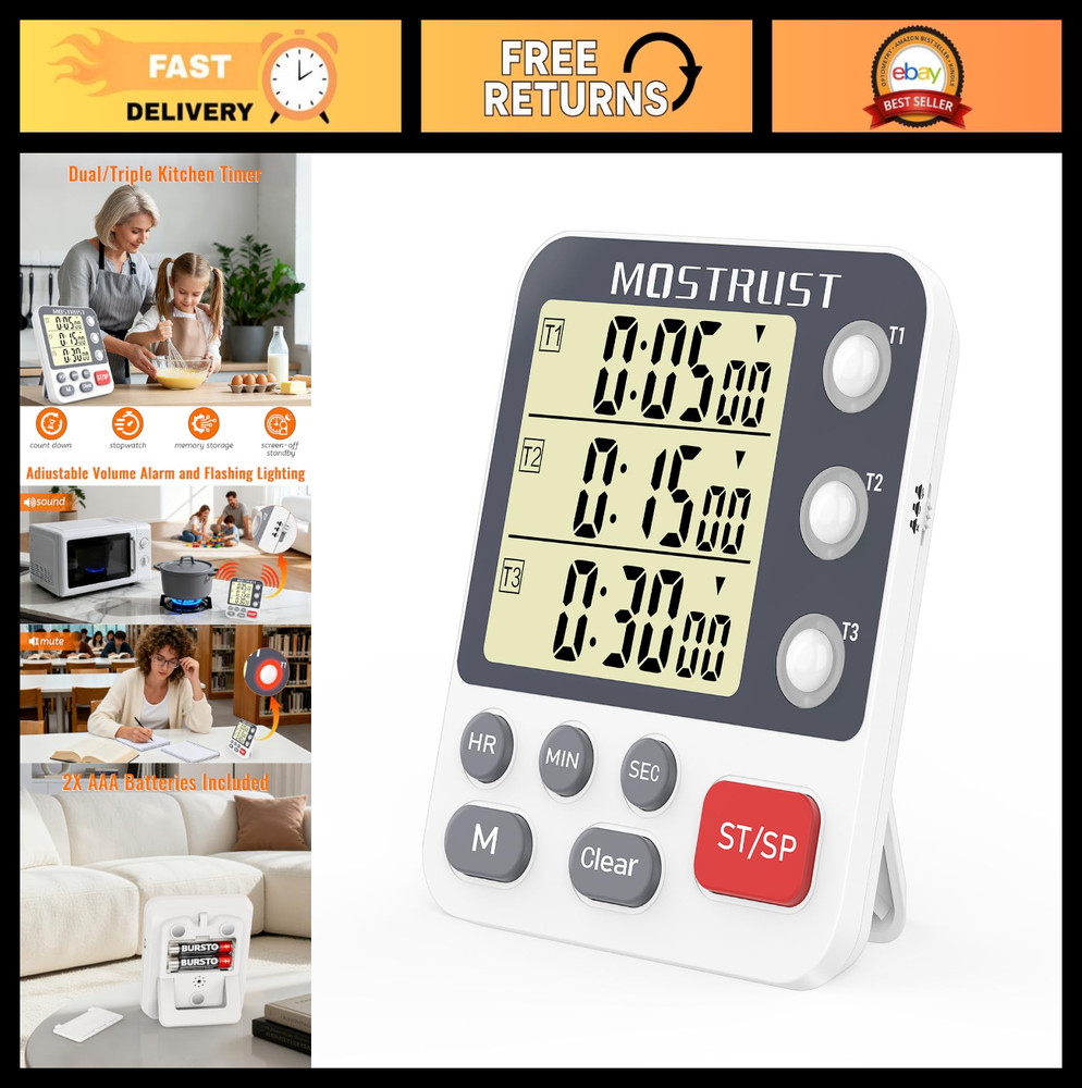 "Digital Dual Kitchen Timer - 3 Channel Countdown, Large Display, Adjustable Ala