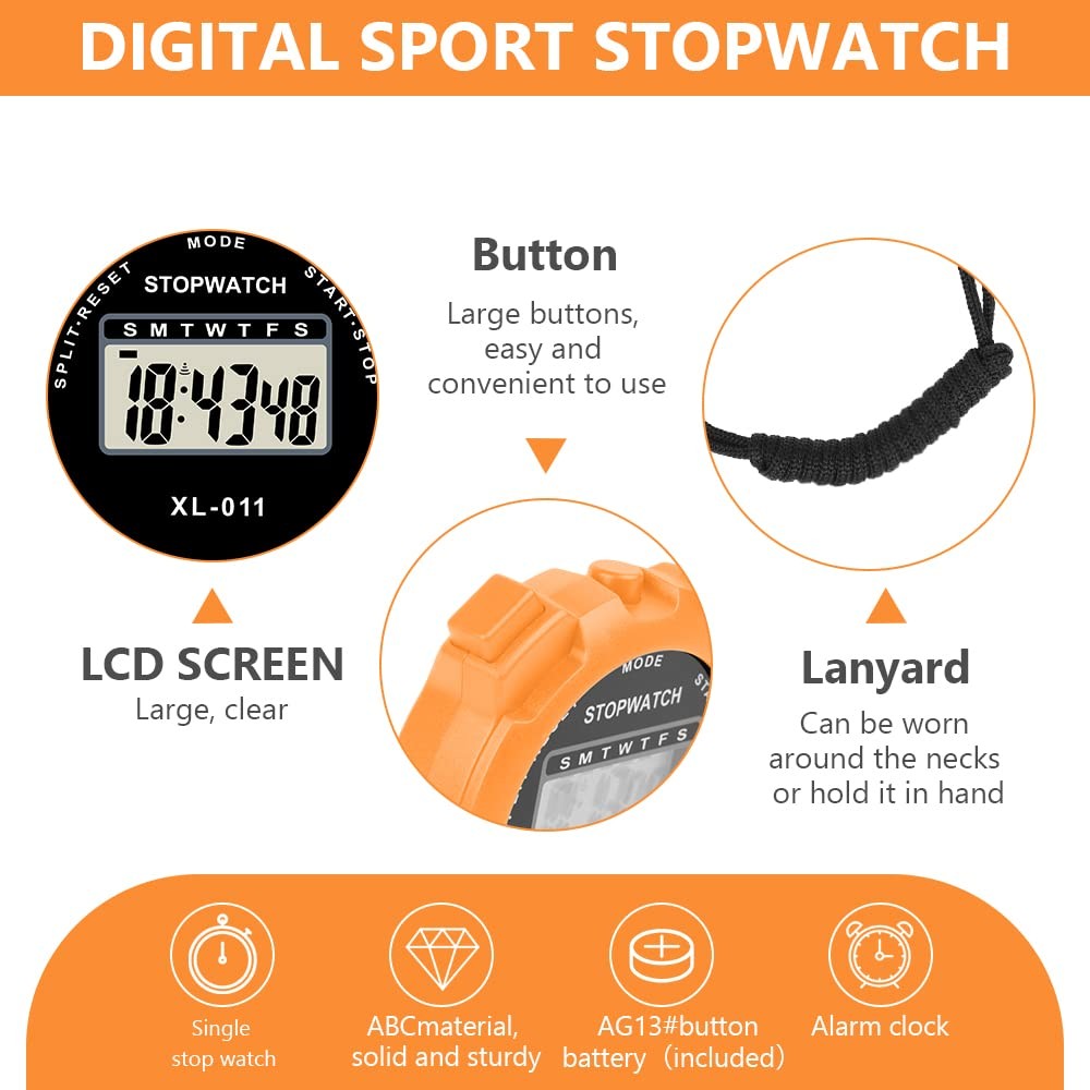 Vicloon Digital Simple Stopwatch - Large Display, Single Lap Split, Orange