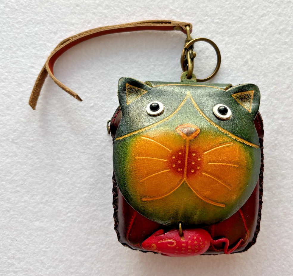 Leather Cat & Mouse Coin Purse Key Ring Zip Closure