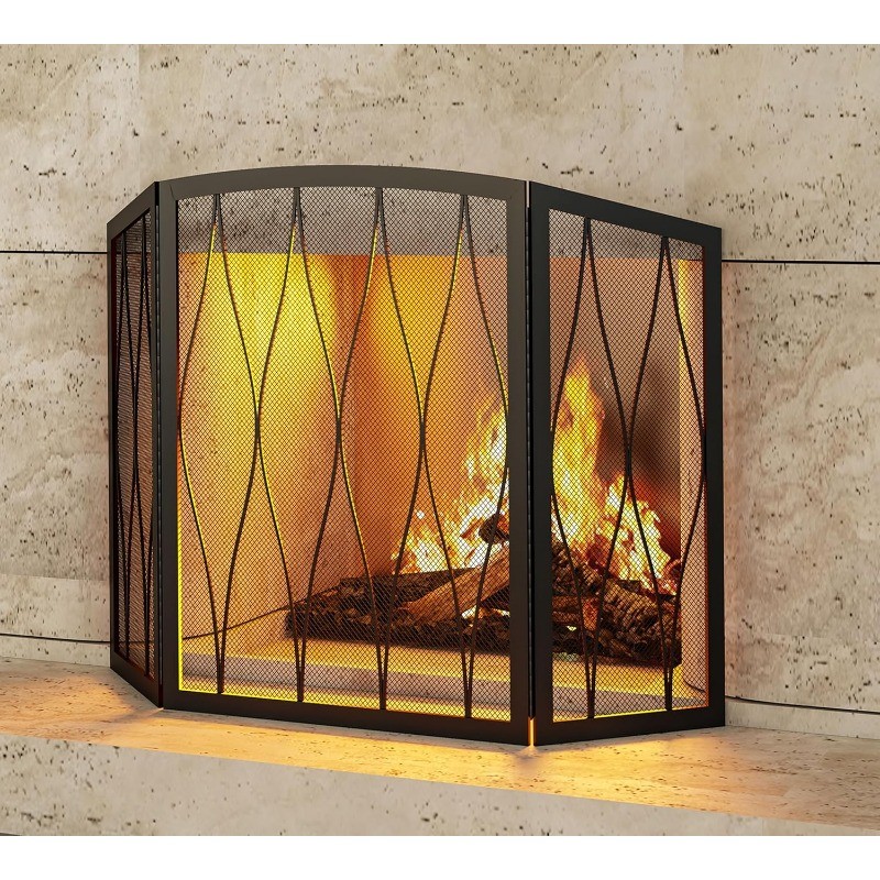 Childproof Fireplace Screen 3- Panel Modern Handcrafted Wrought Iron Foldable