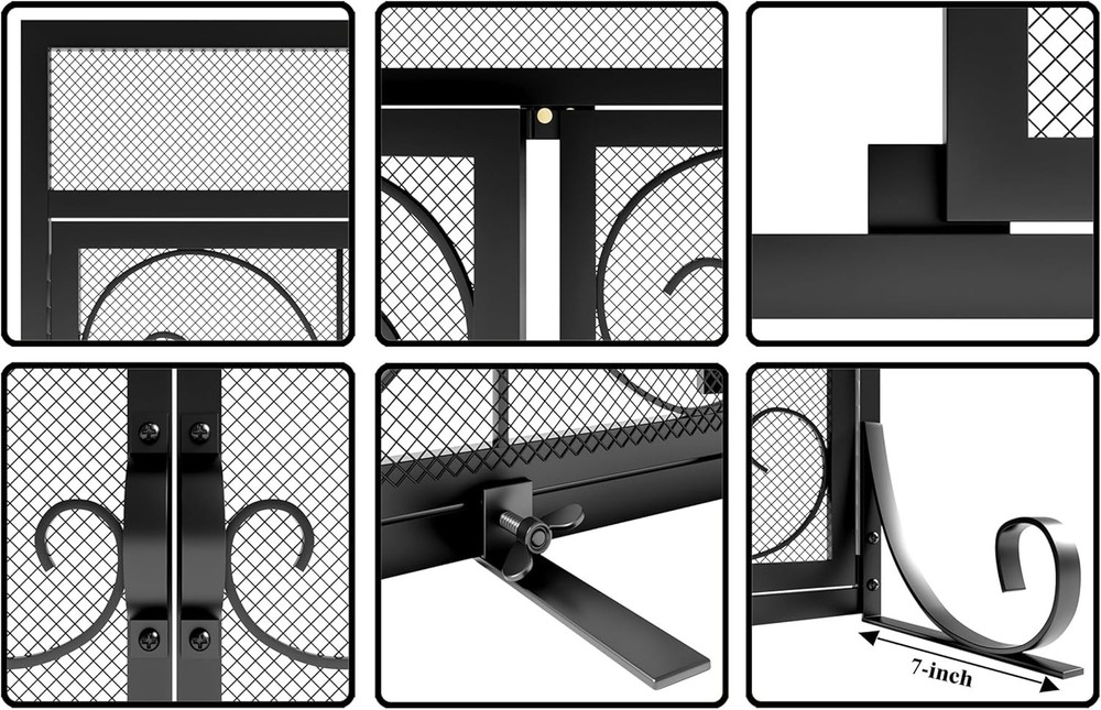 Flat Fireplace Screen with Doors, Wrought Iron Frame with Metal Mesh, Flat Panel
