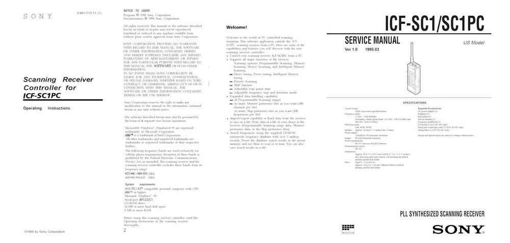 SONY ICF-SC1PC WAVEHAWK SCANNER OPERATING INSTRUCTIONS and SERVICE MANUAL