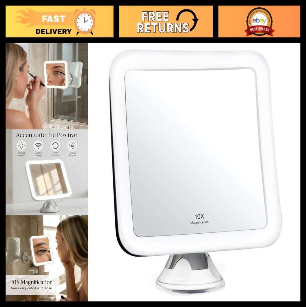 10X Magnifying Lighted Makeup Mirror - Daylight LED, Compact, Cordless, Suction,
