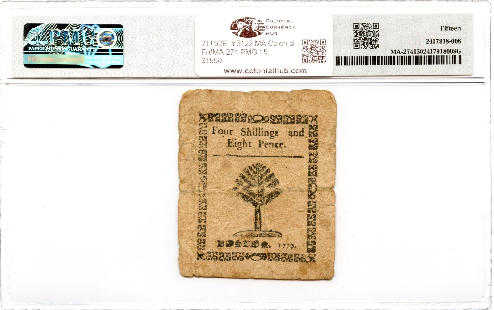 Massachusetts Colonial Note Fr#MA-274 1779 4s8d PMG F-15 *Paul Revere Sun*