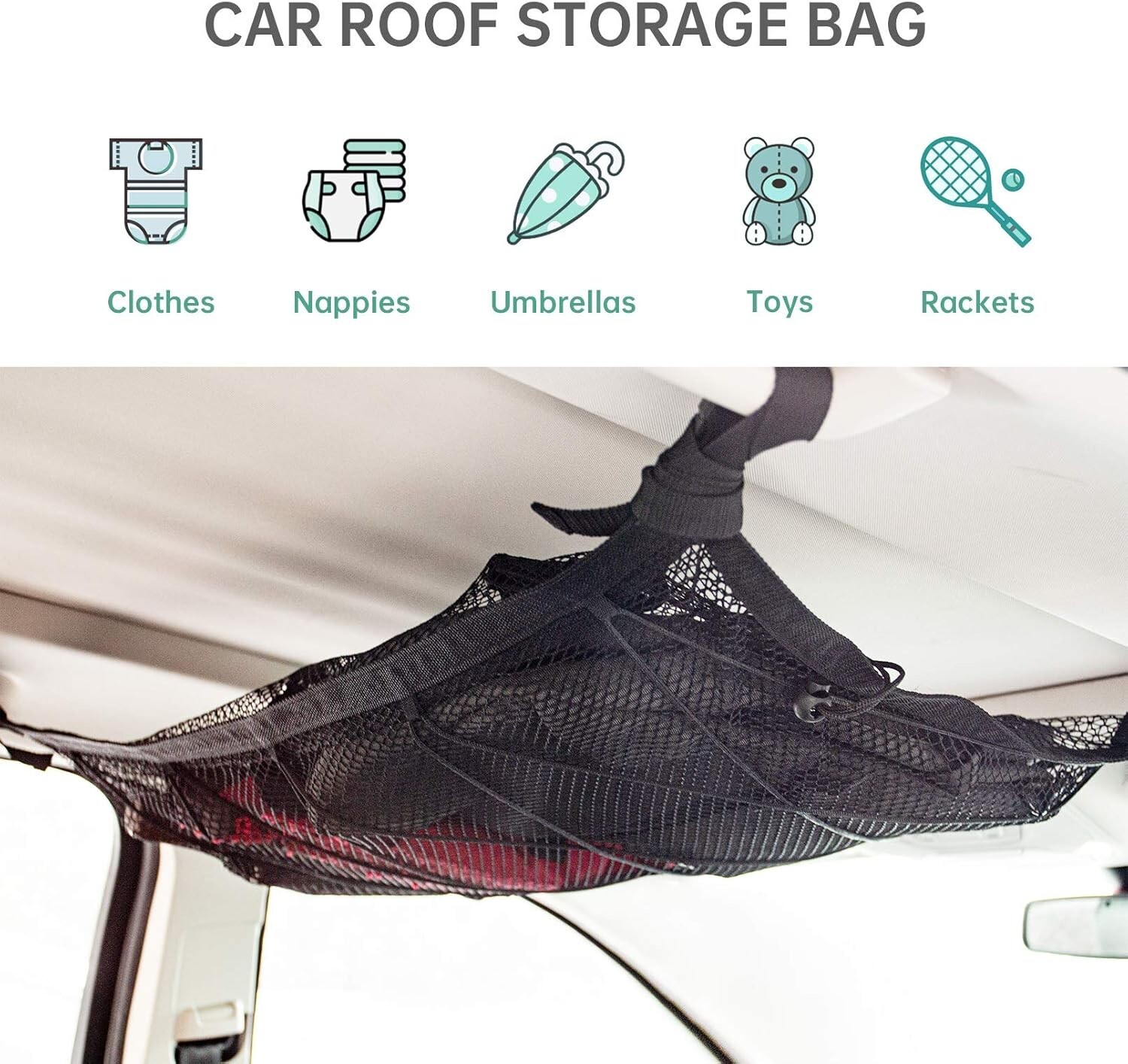 Car Ceiling Cargo Net Pocket,31"x21" Adjustable Double-Layer Mesh SUV Roof