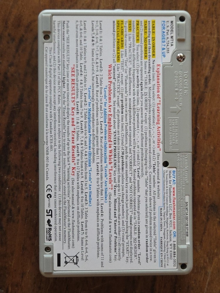 FlashMaster Math Tables Electronic Learning Tool MT1A - Excellent Condition!