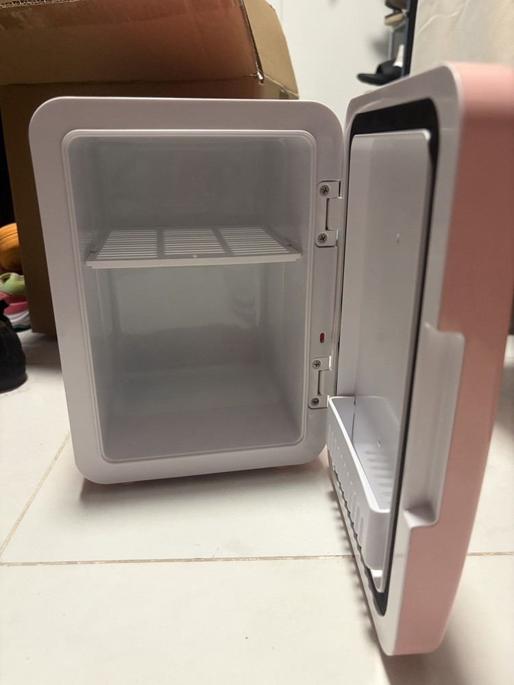 Pink Tabletop Mini Fridge, Warm & Cool Function, Adjustable Thermostat, Portable