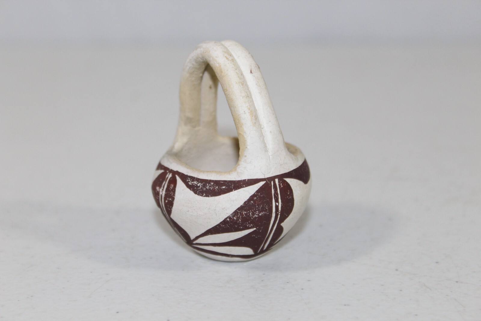 Vintage Acoma Pottery Small Basket Bowl 2.5" Tall Unsigned White & Brown