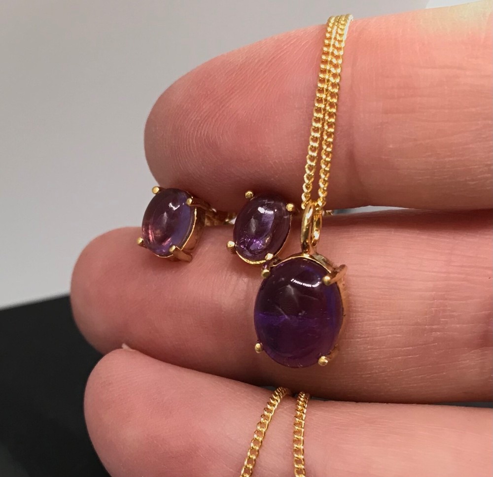 Amethyst cabochon set, stud earrings, pendant, gold on solid sterling silver.