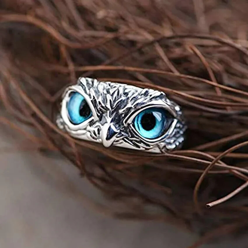 Cute Owl Blue Eye Silver Ring, Adjustable Size, Bird, Fun