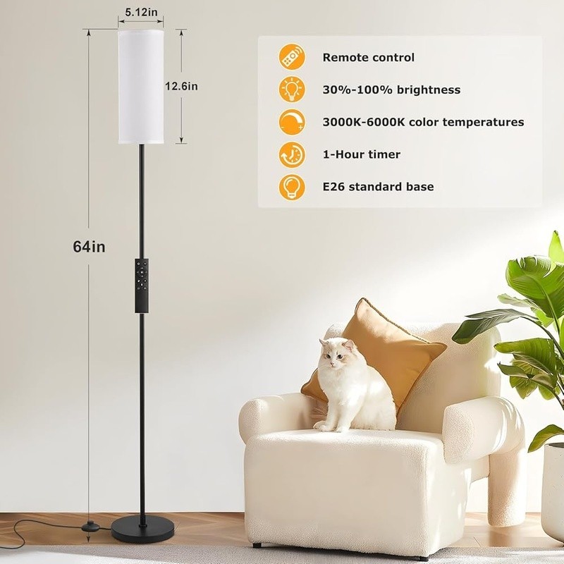 Dimmable Floor Lamp Remote Control Adjustable Brightness Color Temperature Timer
