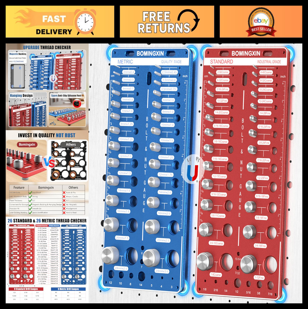 70 Nut & Bolt Thread Checker with Magnetic Base, Wall-Mountable Size Finder & Dr