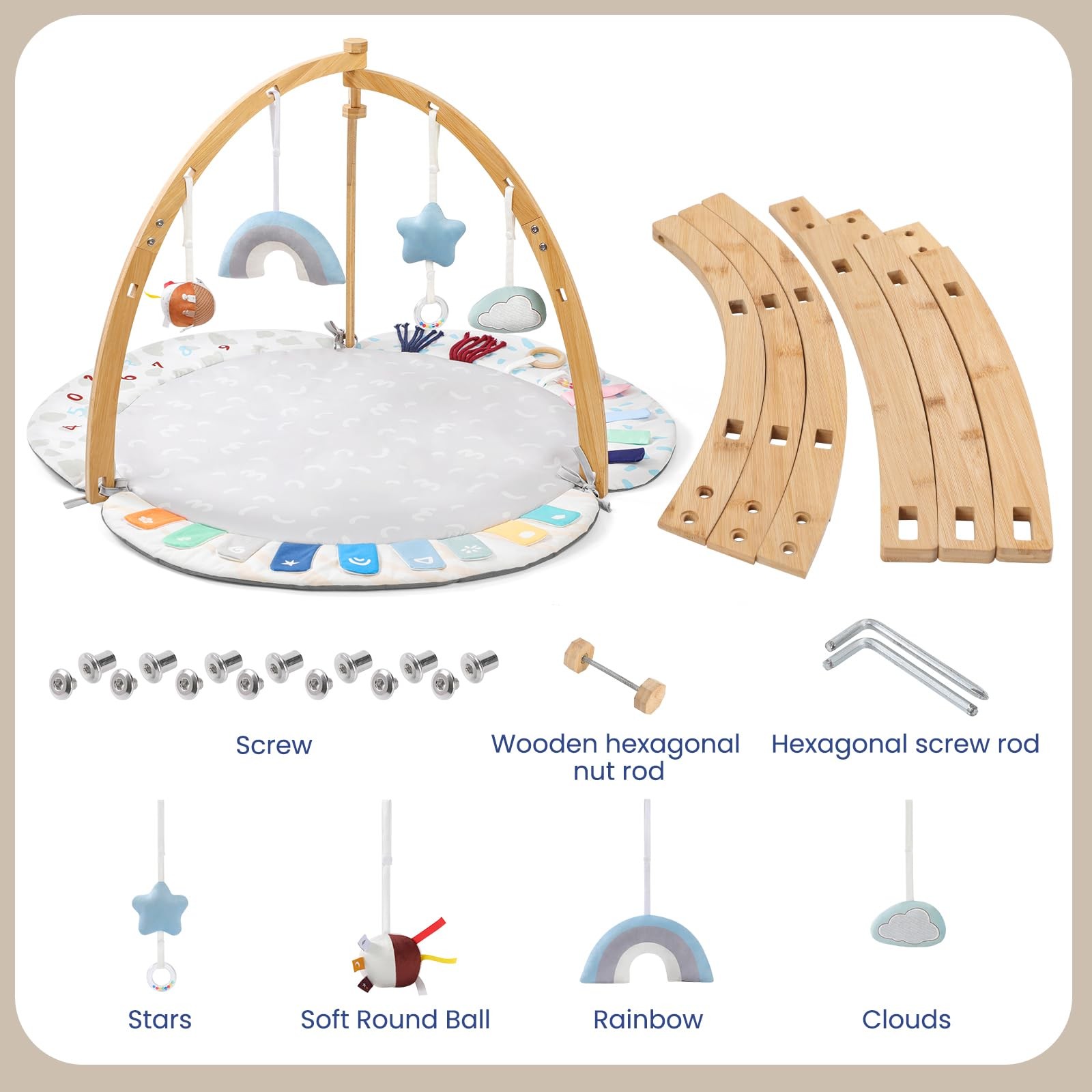Baby Play Gym & Activity Mat,Natural Organic Bamboo Frame with 4 Detachable S...