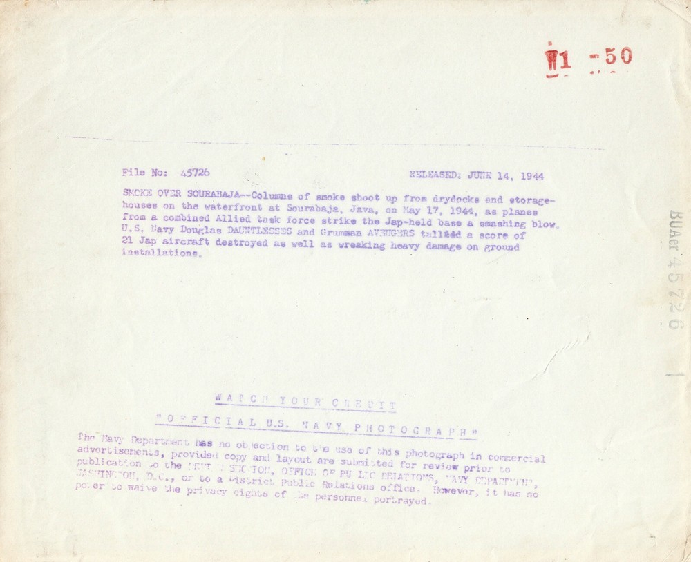 US NAVY BOMBS JAPANESE BASE AT SOURABAJA JAVA- 1944
