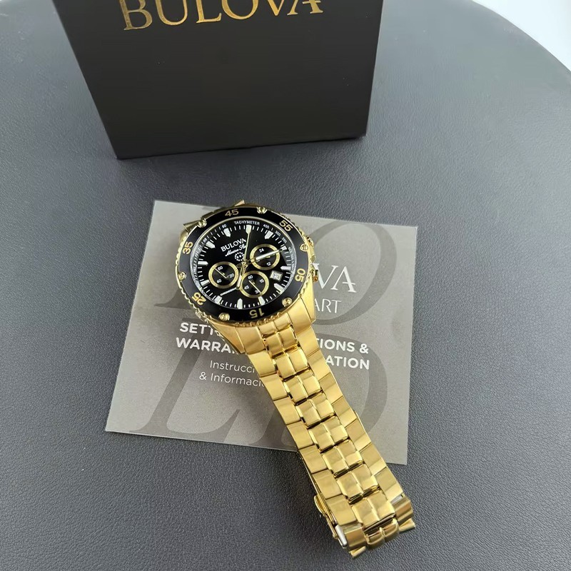 Men Bulova Marine Star Black/Gold Dial Chronograph 98B406 Quartz Watch 41.5mm