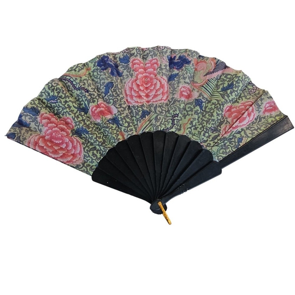 Handheld Decorative Folding Fan - Floral Pattern Black Handle Summer Accessory
