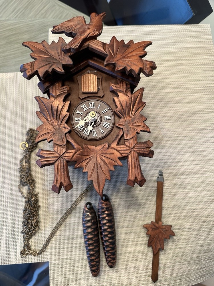 Vintage West Germany Black Forest Cuckoo Clock Birds Leafs 2 Weights - Untested
