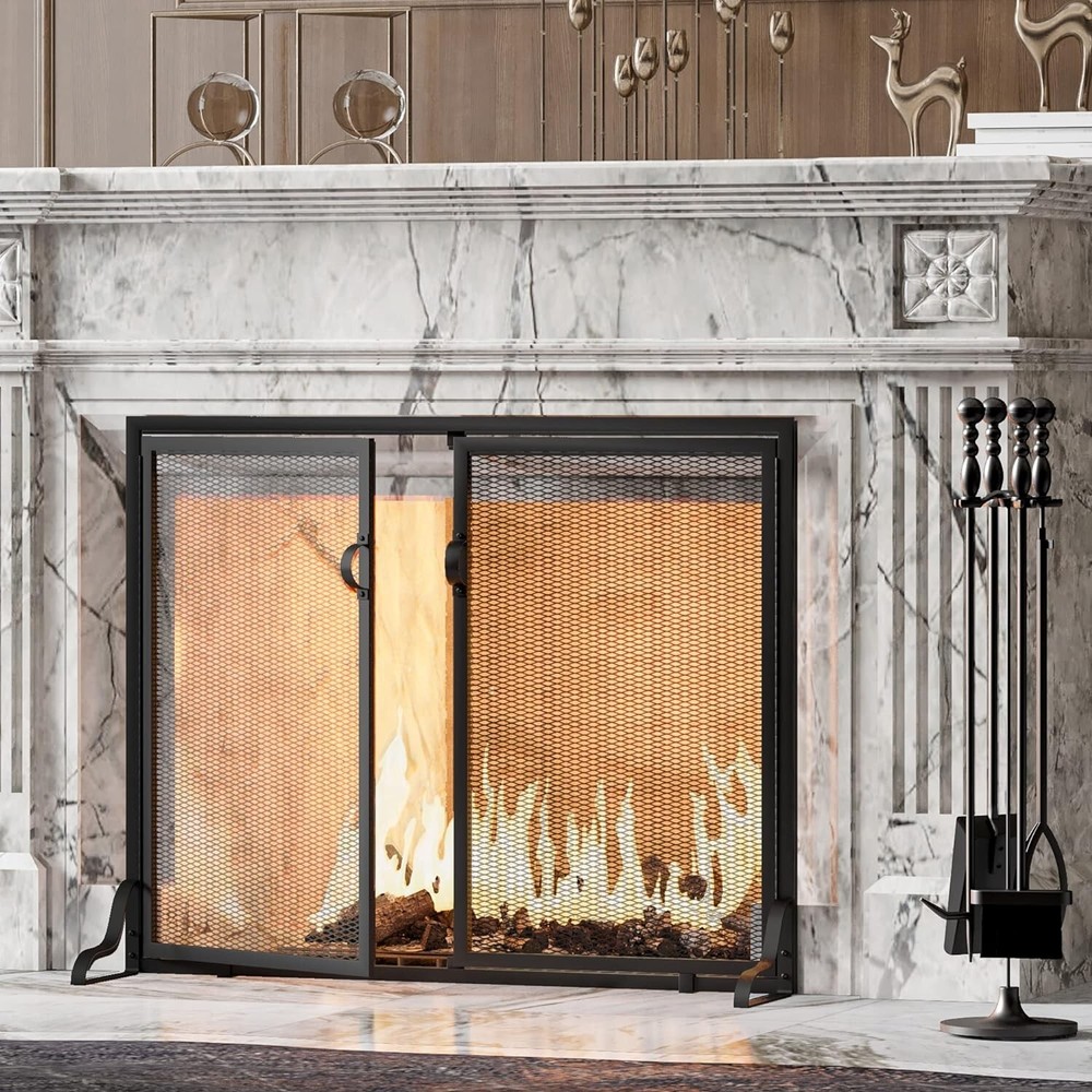 Fireplace Screen with Magnetic Doors, 2-Pannel Handcrafted Solid Wrought