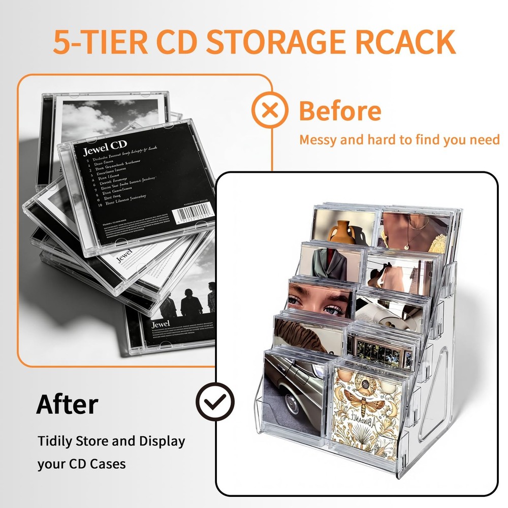 5-Tier Acrylic CD Rack, CD Display Holder Cascading CD Storage Rack, Holds up...
