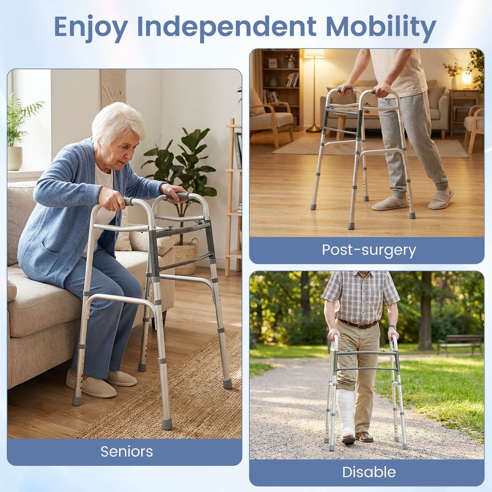 2-Button Folding Walker, 7-Level Adjustable Height, Lightweight Aluminum