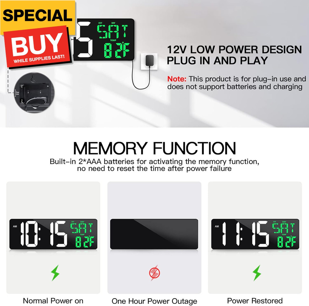 17 Inch Large Digital Wall Clock with Remote Control, Automatic Brightness Dimme