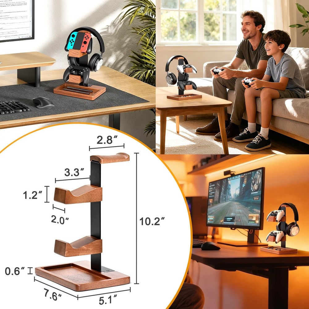 Solid Wood Controller Holder and Headphone Stand, Gaming Controller Stand for...