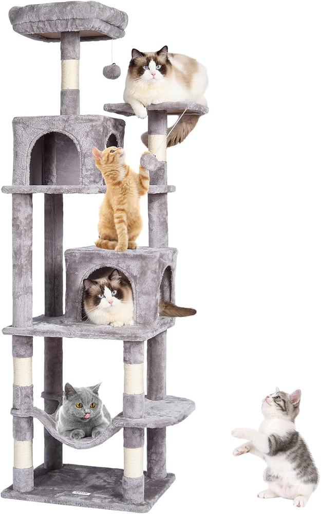 Deluxe 63" Cat Tree with Condos, Hammock, Scratching Post & Perch - Light Grey