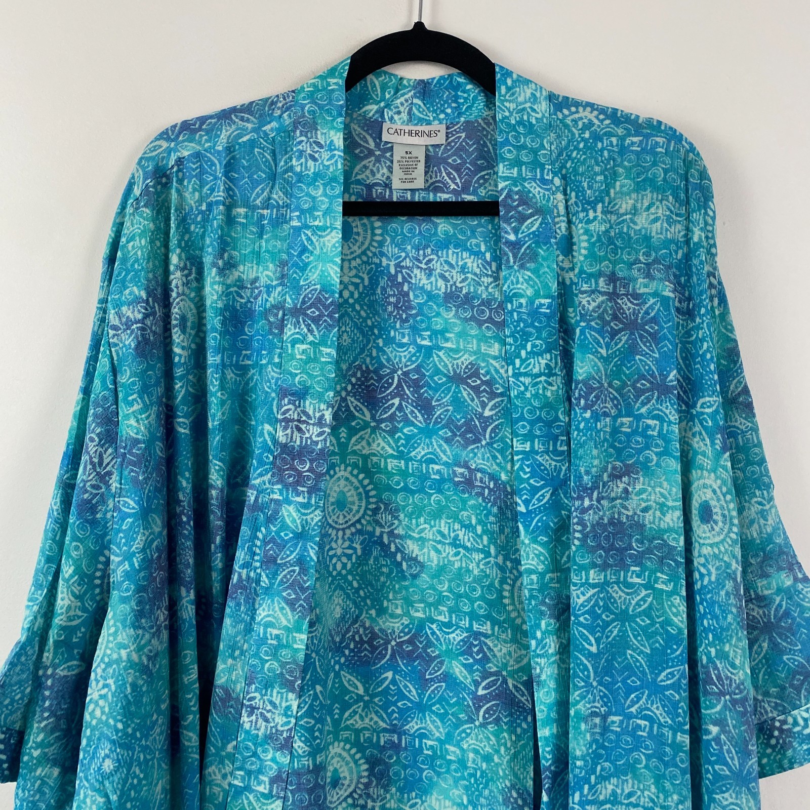 Catherines Open Front Kimono Cardigan Size 5X Blue Turquoise 3/4 Sleeves