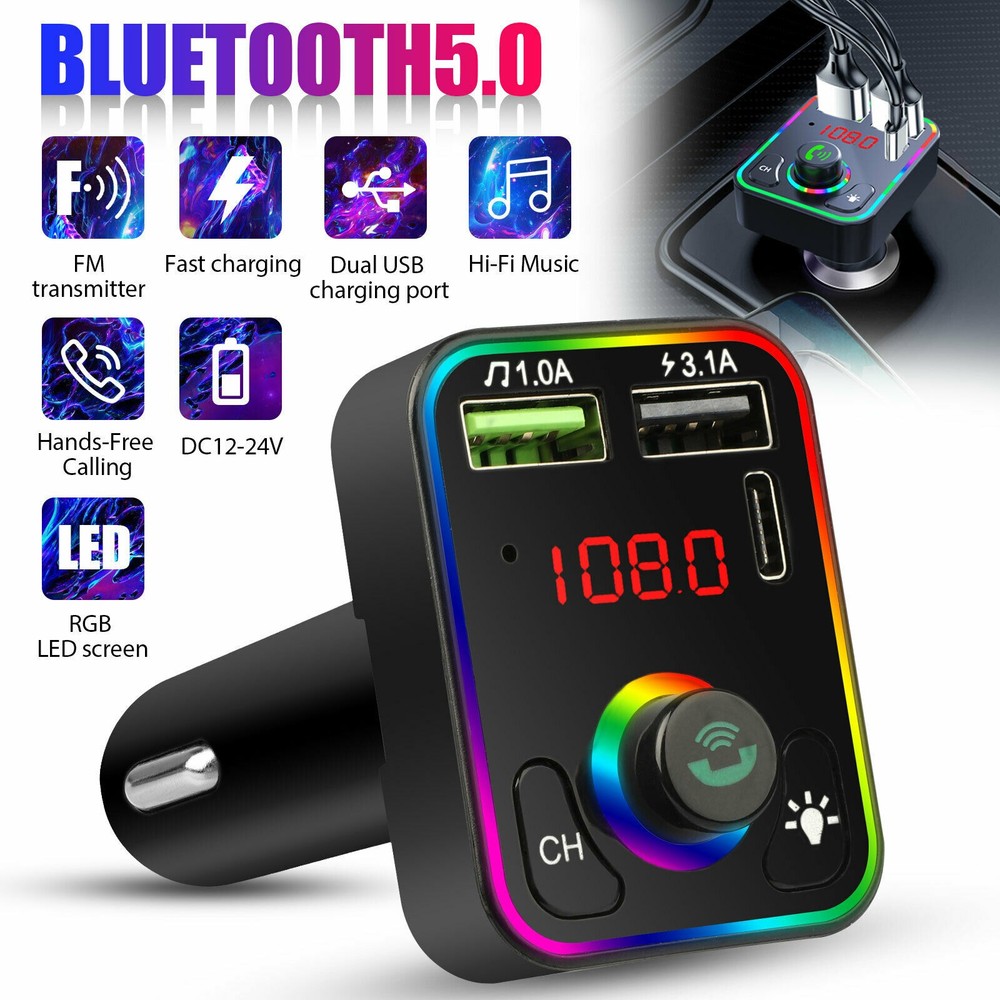 Bluetooth  Car Wireless FM Transmitter Adapter 2USB PD Charger AUX Hands-Free