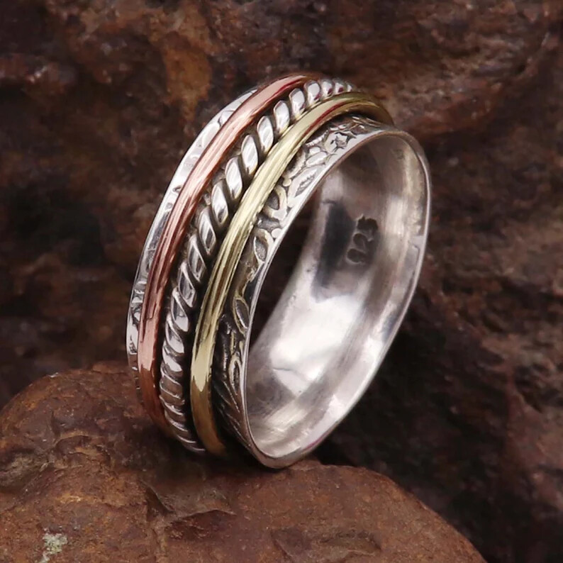Copper Solid 925 Sterling Silver Band& Spinner Ring Handmade Ring All Size-U-91
