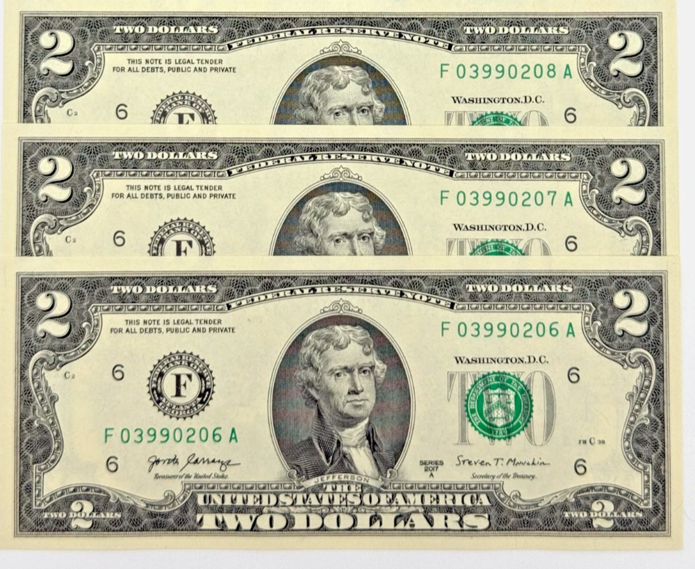 Uncirculated Two Dollar Bills Sequential Serial Numbers Lot of 3 $2 Notes