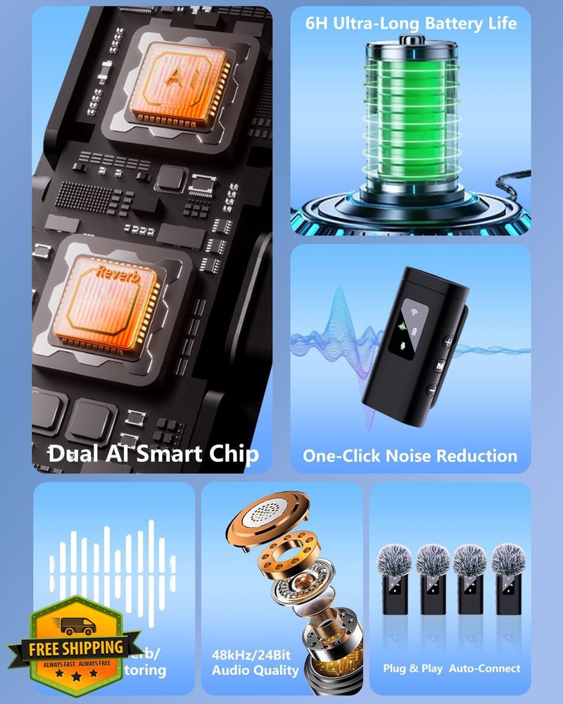 ZERFUN 4 Wireless Lavalier Mics for iPhone Android