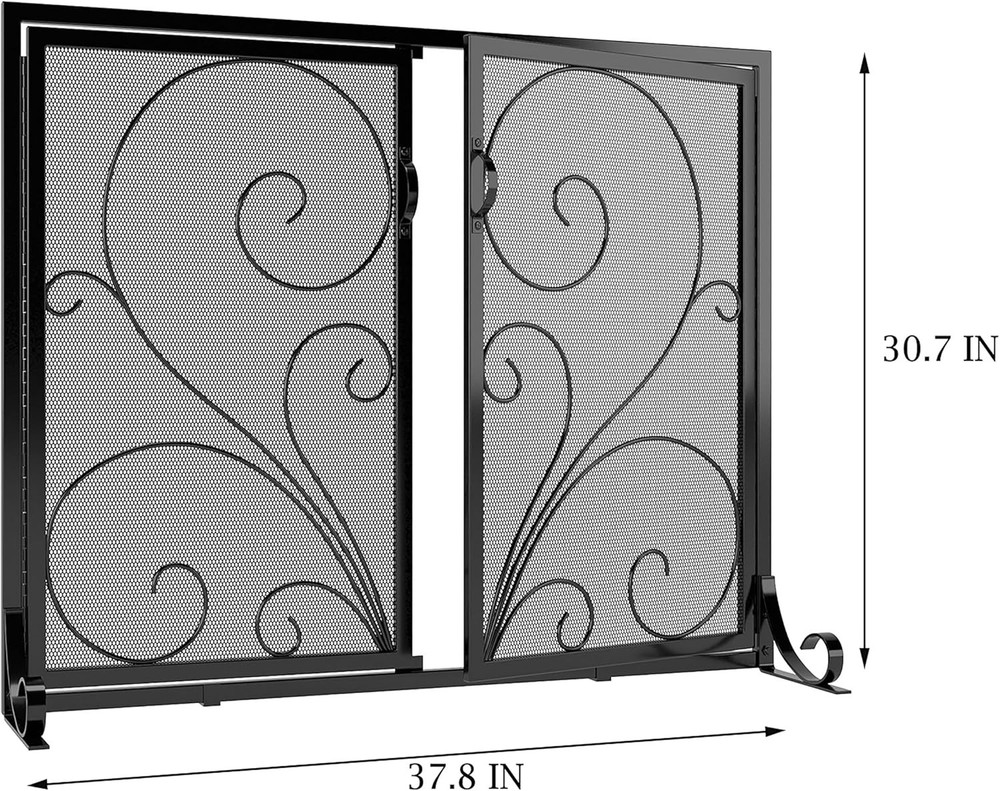 Flat Fireplace Screen W/ Doors,Solid Wrought Iron Frame W/ Metal Mesh Flat Panel
