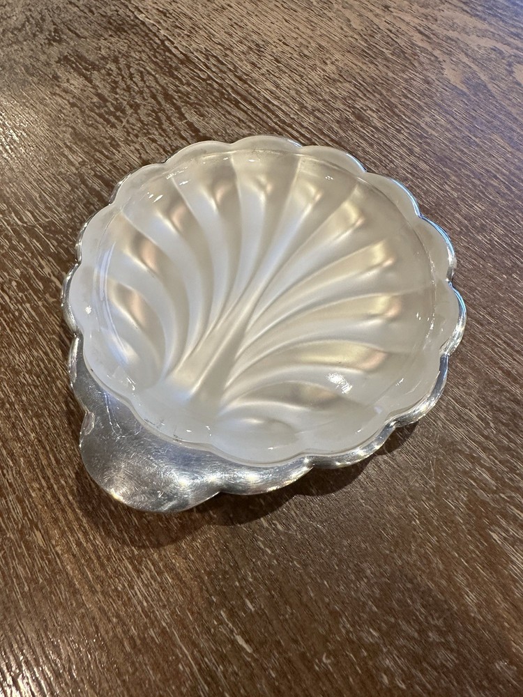 Vintage Sweden Silver Ashtray W/Frosted Glass Insert Shell Shaped Marked