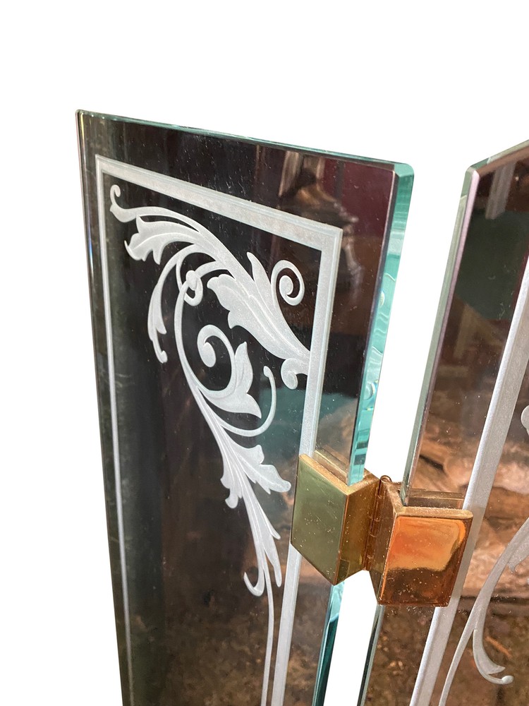 1970’s Etched Glass Fireplace 3 Panel Fireplace Screen