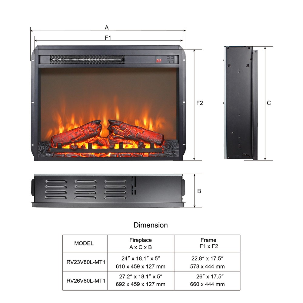 26 Inch Electric Fireplace Inserts With Remote Control Timer Recessed Mounted
