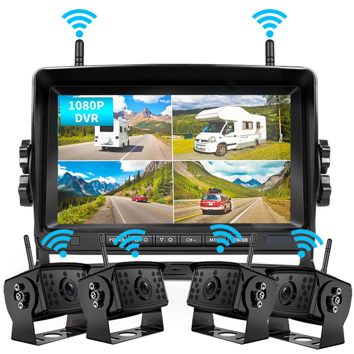 1080P Wireless RV Backup Camera Zoom 7" DVR Split Monitor for Truck Trailer Van