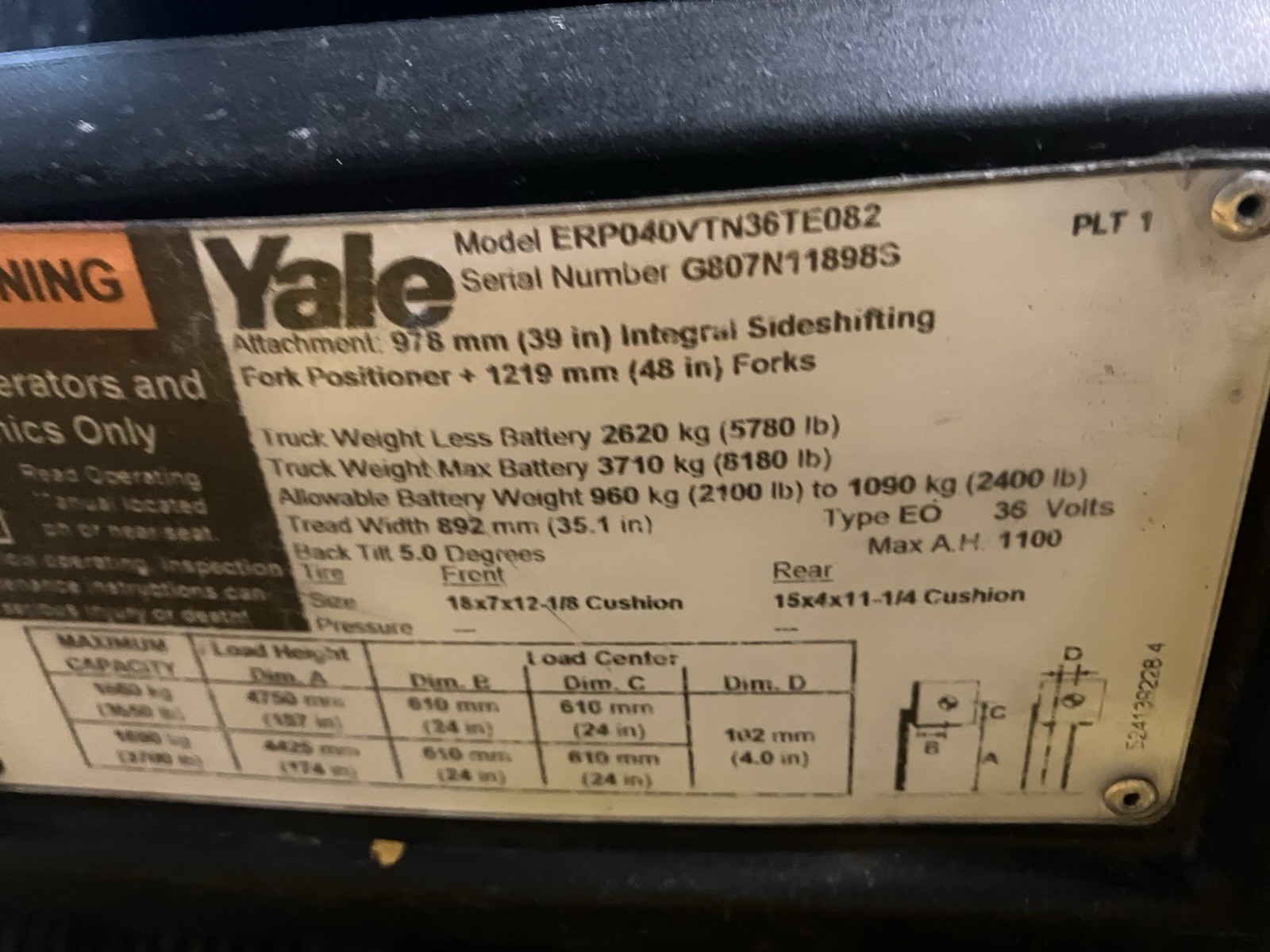 2018 Yale 4000 LB Electric Forklift with SS and Triple Mast Fork Positioner
