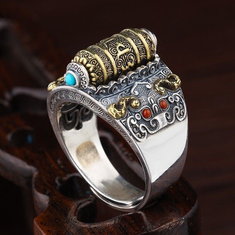 Men's Open Ring Buddhist prayer wheel Ring Adjustable Ring