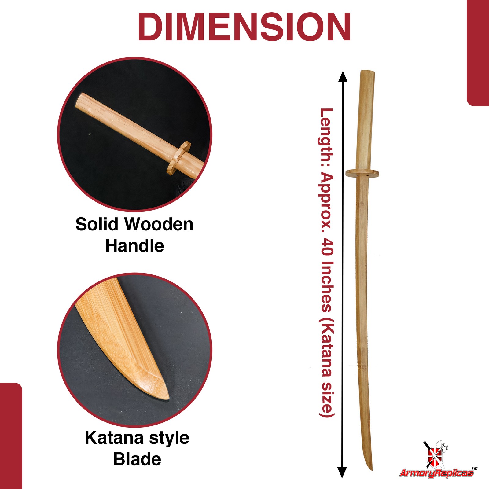 40" Wooden Practice Sword Bokken Katana - Martial Arts Kendo Training Prop