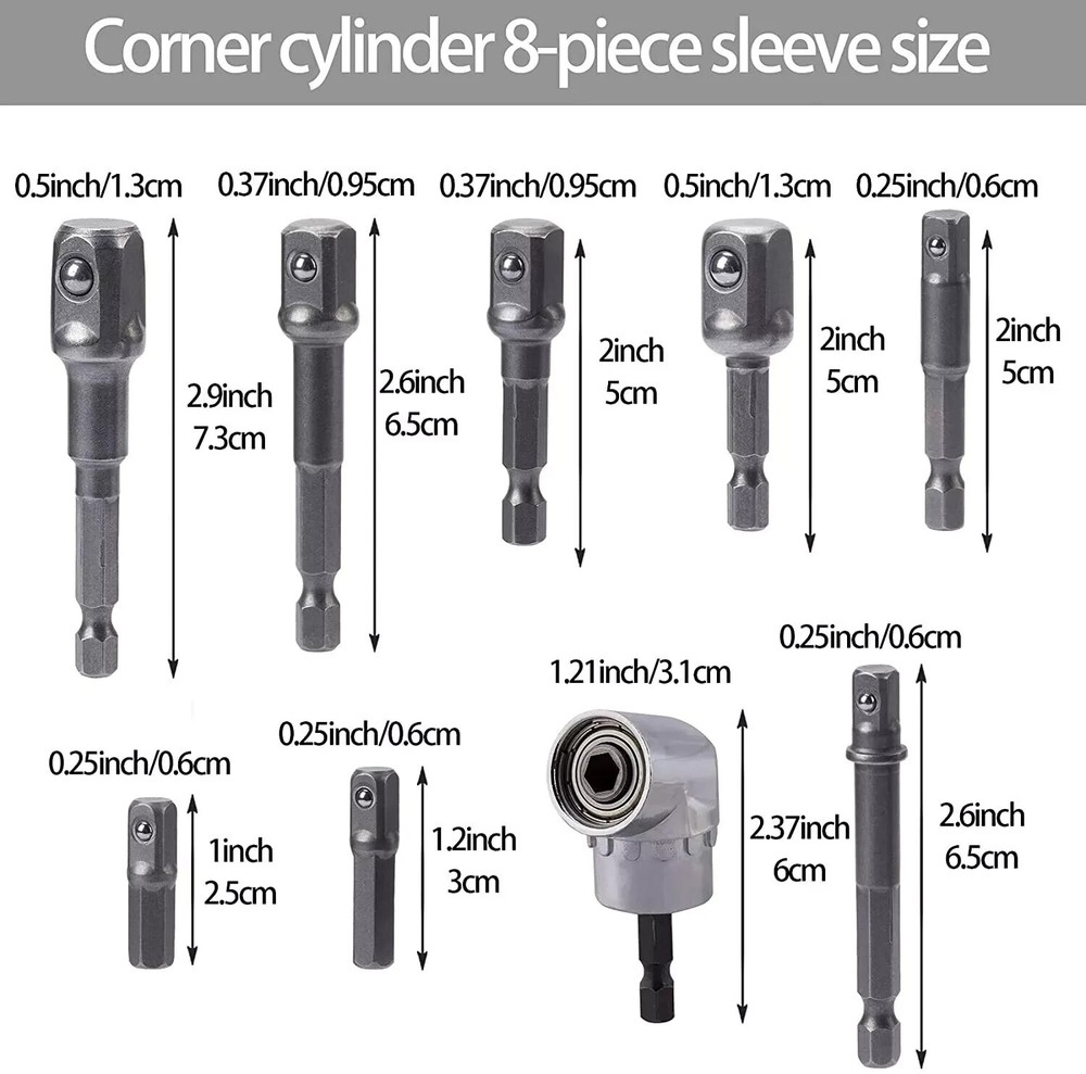 9 Pcs Socket Adapter Impact Hex Shank Drill Bits Set 1/4" 3/8" 1/2" Right Angle