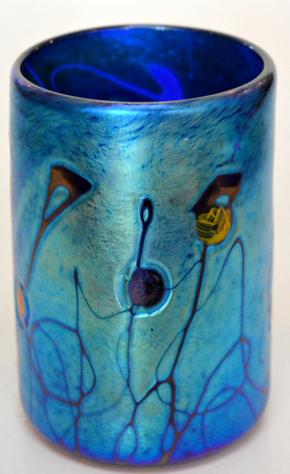 Blue Aurene Drinking Glass With Millefiori Design. Blown Glass