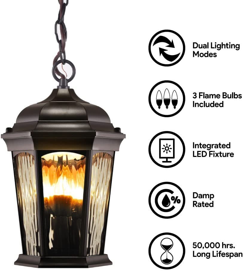 Euri Lighting EHL-130W-MD, Flickering Flame Hanging Lantern with Security...