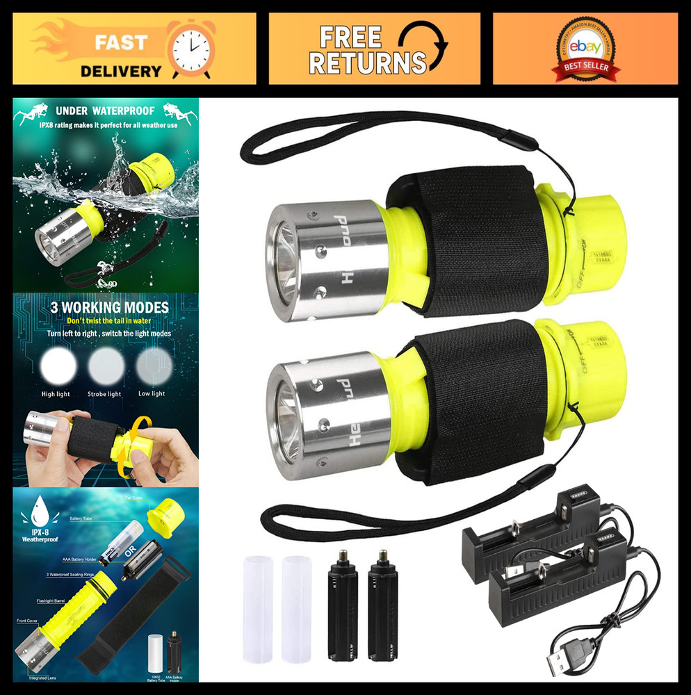 Rechargeable Diving Flashlight - IPX8 Waterproof LED Torch, 3 Modes, 2-Pack for