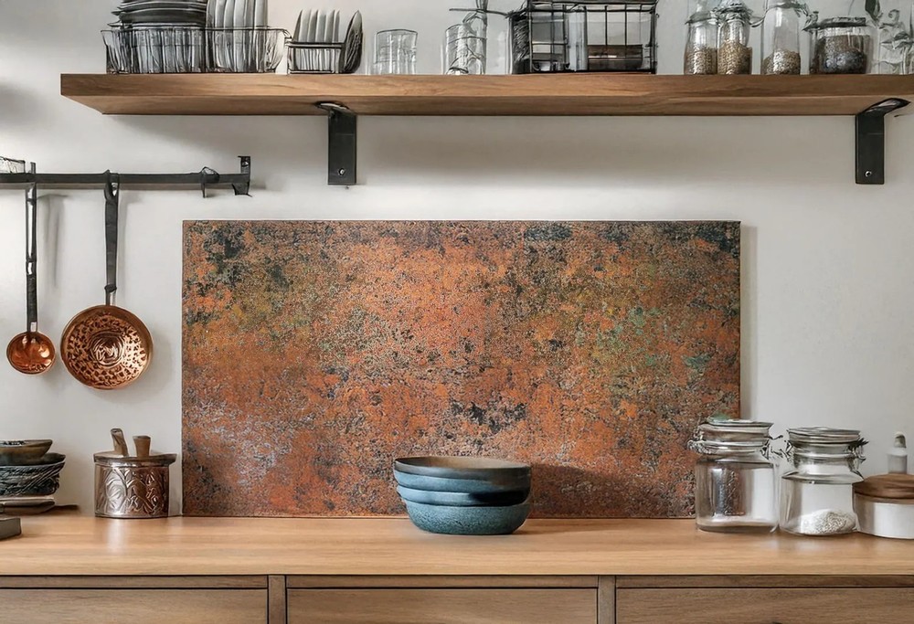 Copper Backsplash Panel – Handmade Metal Wall Art for Kitchen – Rustic Patina